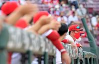 　ベンチの最前列で戦況をじっと見守る佐々岡監督（撮影・立川洋一郎）