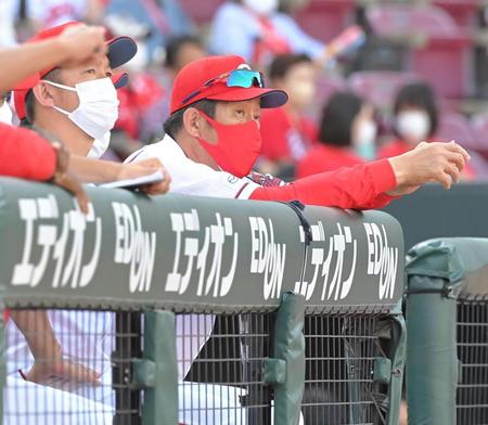 　７回、ベンチから戦況を見守る佐々岡監督（撮影・高部洋祐）
