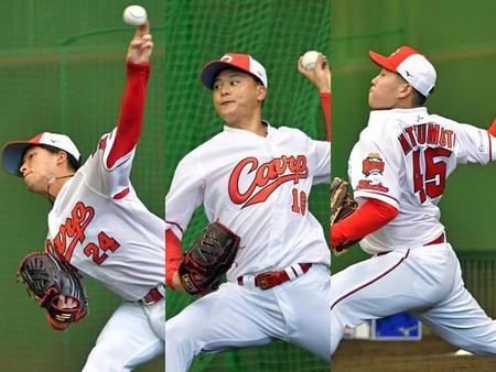 （左から）黒原、森、松本のルーキー３投手