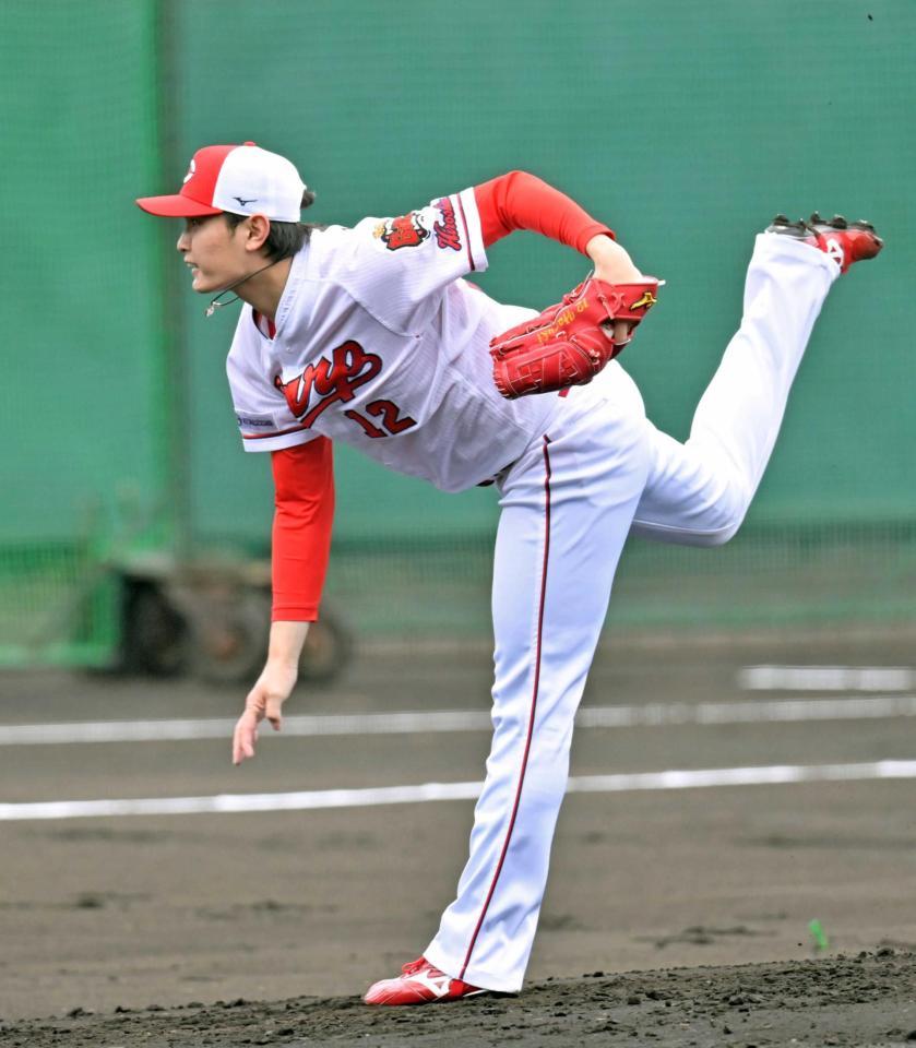 シート打撃に登板して力投する大道（撮影・立川洋一郎）
