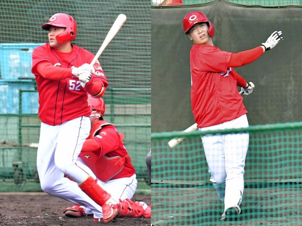 　スイングも力強い末包（左）とバットをしなやかに使う中村健