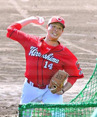 　フリー打撃に登板した大瀬良（撮影・立川洋一郎）
