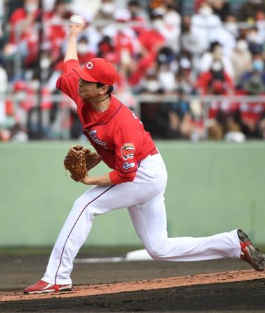 先発で３回２安打無失点の好投を見せた大瀬良