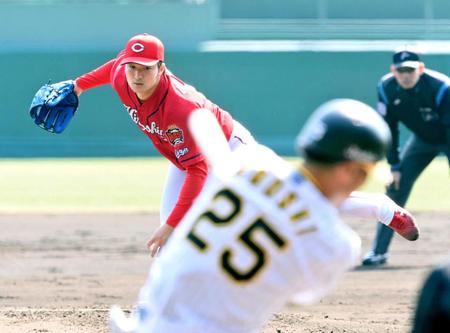 ２回、江越から空振り三振を奪う床田（撮影・立川洋一郎）