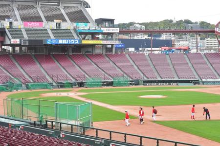 練習を終えて引き揚げる投手陣。野手はグラウンドでの練習を回避した（撮影・立川洋一郎）
