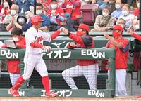 　６回、同点に追いつく右犠飛を放った田中広（左から２人目）とタッチを交わす佐々岡監督（撮影・立川洋一郎）