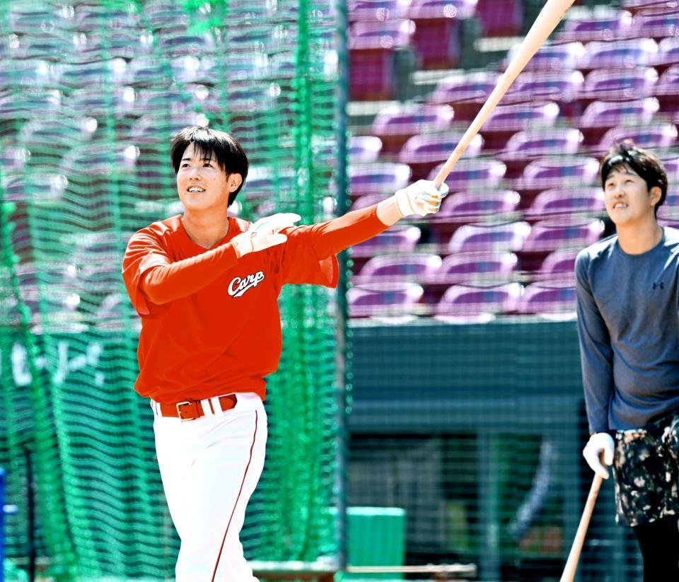 「野手の方が好き」と明かした森下。打撃練習も楽しそう（撮影・立川洋一郎）