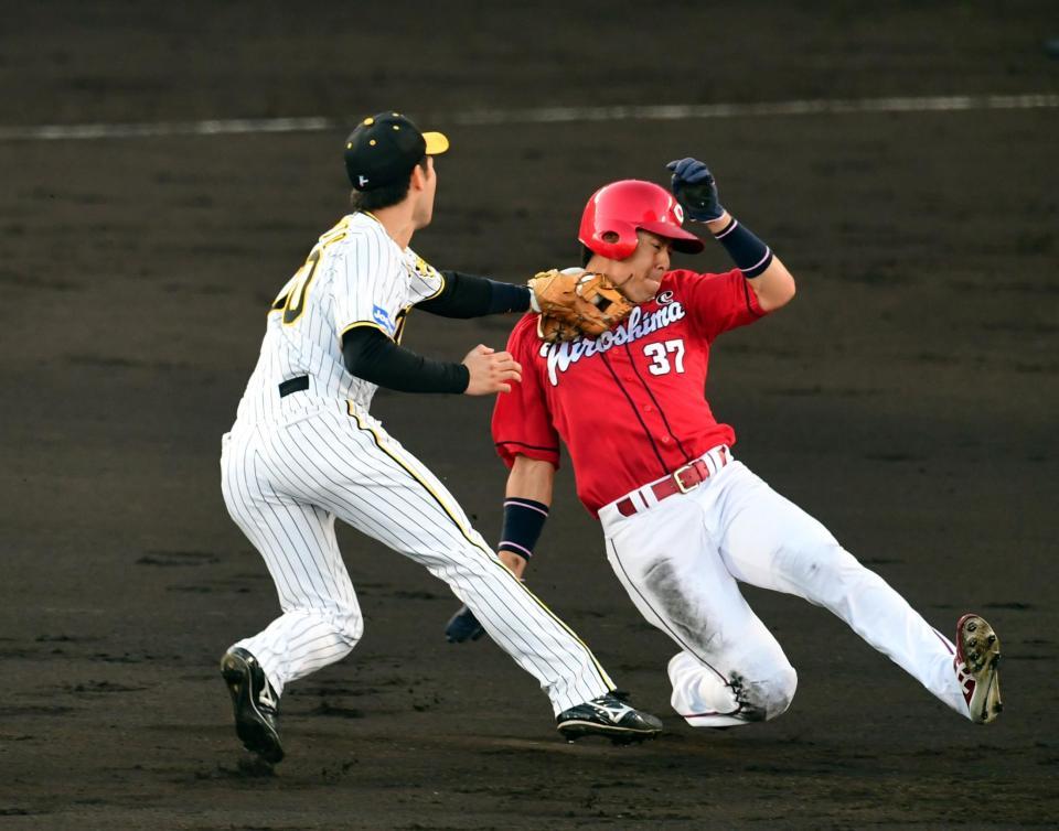 　３回、野間は羽月の二ゴロでアウトになる（撮影・山口登）