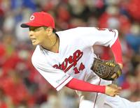 ＤｅＮＡ打線を相手に力投する先発の大瀬良（撮影・立川洋一郎）