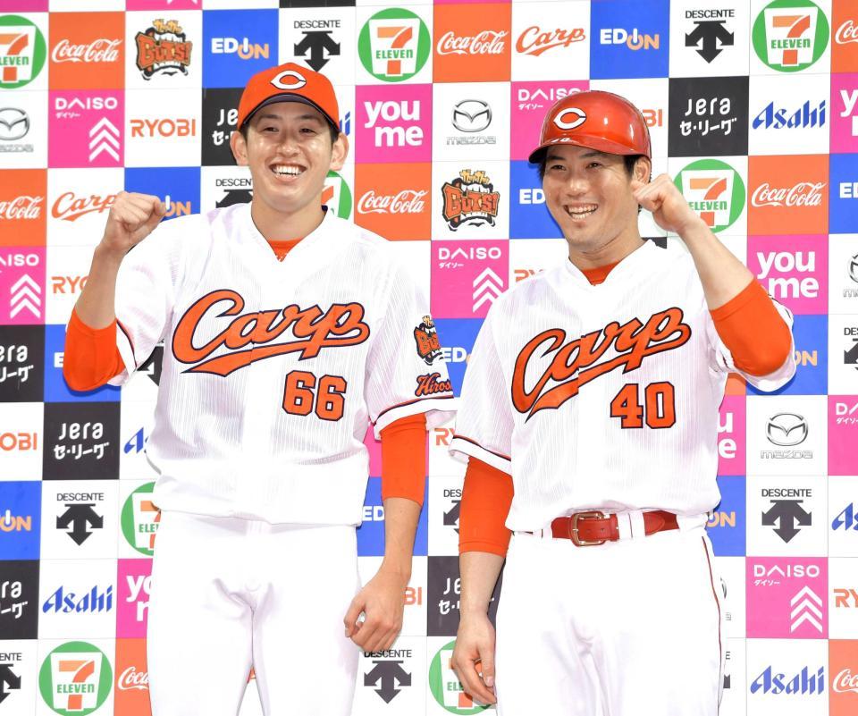 　お立ち台で笑顔を見せる遠藤（左）と磯村