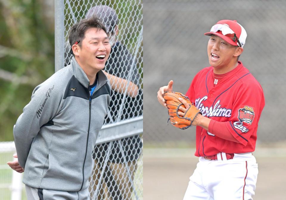 　特守の最中に新井監督（左）から「菊池に勝てるか？」と聞かれ「勝てます！」と答える羽月（撮影・立川洋一郎）