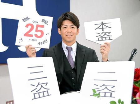 　契約更改を終えて来季への意気込みを見せる野間（撮影・立川洋一郎）