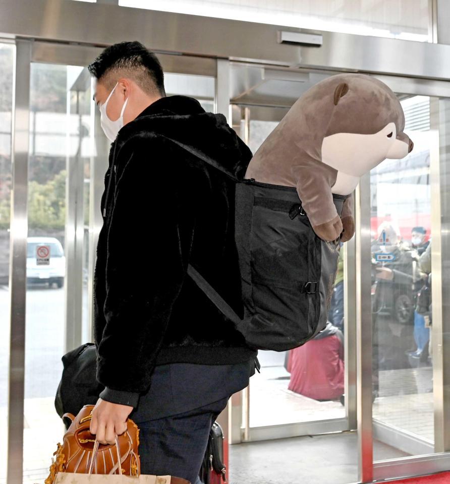 　カワウソのぬいぐるみをおんぶして入寮する内田