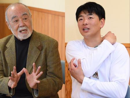 　攻める投球を、と語る安仁屋氏（左）、今季への意気込みを語る大瀬良（撮影・田中太一）