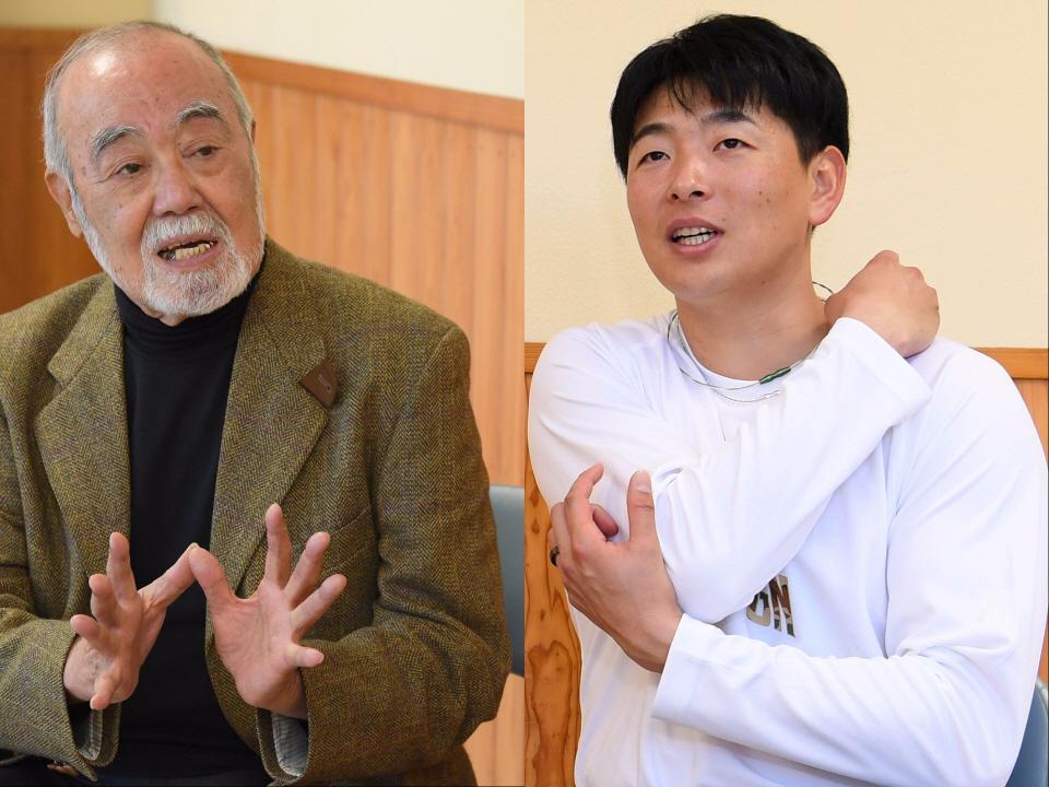 　攻める投球を、と語る安仁屋氏（左）、今季への意気込みを語る大瀬良（撮影・田中太一）
