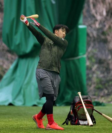　雨天で紅白戦が中止になり、室内練習場で打ち込む小園（撮影・山口登）