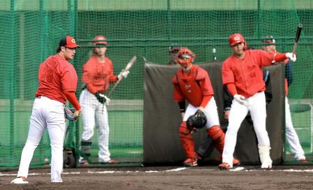 　シート打撃に登板し打者を圧倒する床田（撮影・山口登）