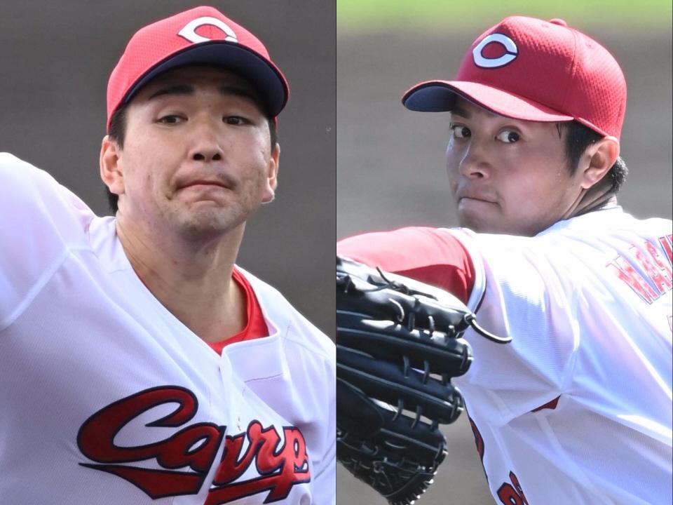 　対外試合初登板を無失点デビューで飾ったドラフト５位・河野（左）、同３位・益田