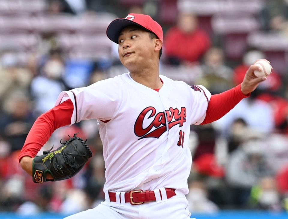 　先発し、投げ込む森（撮影・田中太一）