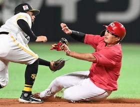 広島・松山が盗塁失敗　新井監督と藤井ヘッドが顔を見合わす
