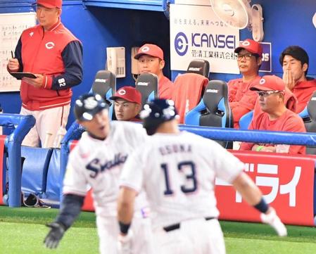 　６回、中越えソロを放ったオスナを見つめる新井監督（撮影・佐々木彰尚）