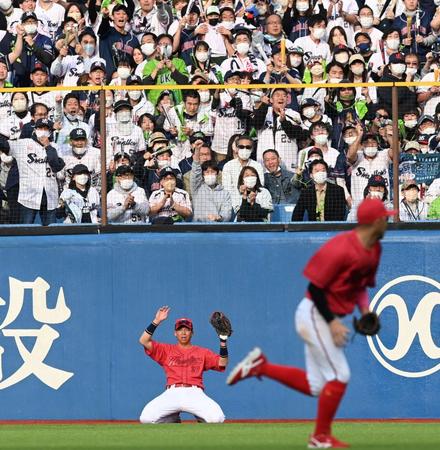 　村上が生還し、両手を挙げて悔しがる野間（撮影・田中太一）