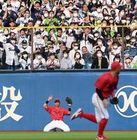 　村上が生還し、両手を挙げて悔しがる野間（撮影・田中太一）