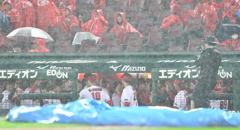 　阪神に勝利し、タッチを交わす新井監督（中央）ら広島ナイン（撮影・中田匡峻）