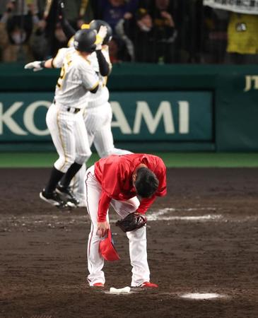 　９回、中野にサヨナラ打を許しガックリの栗林（撮影・山口登）