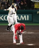 　９回、中野にサヨナラ打を許しガックリの栗林（撮影・山口登）