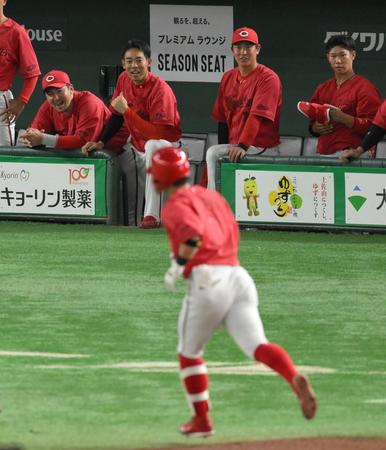 　２回、上本（手前）の左越えソロにビックリの（左から）会沢、秋山、堂林、坂倉（撮影・伊藤笙子）