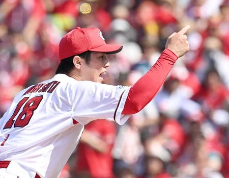 　５回、平沼のスイングをアピールし、三振に仕留める森下（撮影・田中太一）