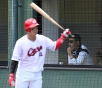 　試合を視察する新井監督。手前は小園（撮影・田中太一）