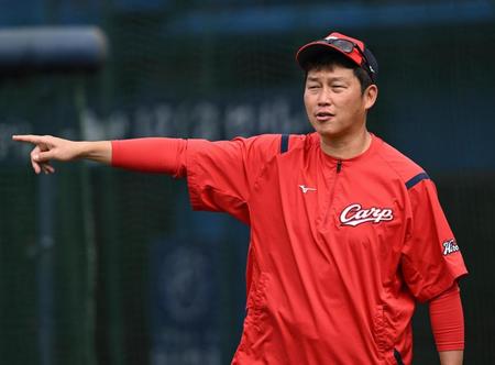 　練習をみる新井監督（撮影・金田祐二）