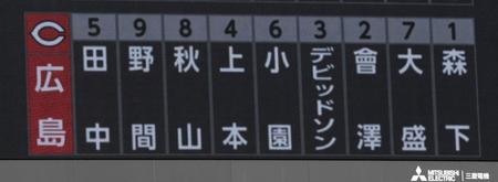 　上本が４番に入る広島のスターティングメンバー（撮影・田中太一）