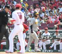 　１回、３点目を奪われた森下（左から２人目）を見つめる（右から）藤井ヘッドコーチ、新井監督（撮影・中田匡峻）