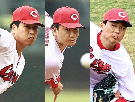 　無失点リレーをみせた（左から）矢崎、島内、栗林