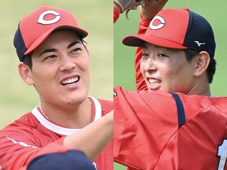 　ＣＳファーストＳでブルペン待機する（左から）九里と大瀬良