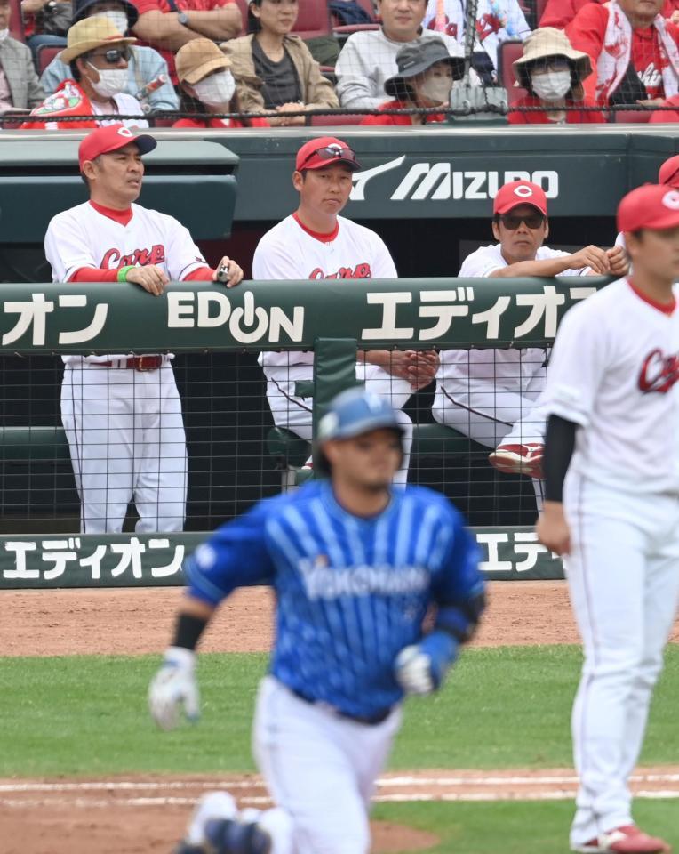 　６回、宮崎の先制２ランをベンチから見つめる新井監督（中央）＝撮影・飯室逸平
