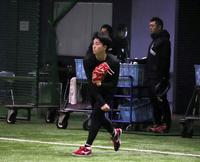 　初めてマツダスタジアムで練習を行い、キャッチボールで調整する常広（撮影・畠山賢大）