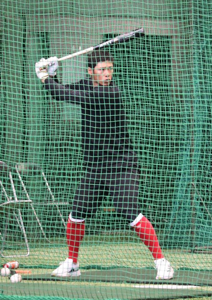 　休日返上で打撃練習を行う中村奨