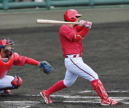 　シート打撃で左中間へ二塁打を放った田中（撮影・市尻達拡）