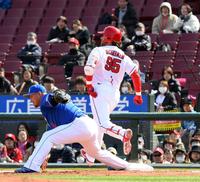 　４回、シャイナーは三ゴロ併殺打に倒れる。一塁手は中田（撮影・市尻達拡）