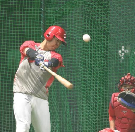 　フリー打撃で鋭い打球を飛ばす野間（撮影・市尻達拡）