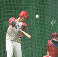 　フリー打撃で鋭い打球を飛ばす野間（撮影・市尻達拡）