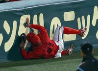 　４回、佐藤輝の飛球を好捕しフェンスに激突する矢野（撮影・山口登）