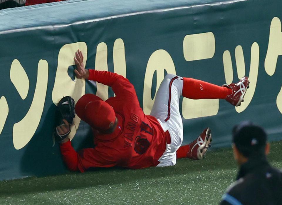 　４回、佐藤輝の飛球を好捕しフェンスに激突する矢野（撮影・山口登）