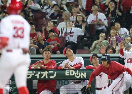 　７回、菊池（手前）の打球を見上げる新井監督（左から２人目）＝撮影・田中太一