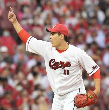 　３回、ストライクをアピールする九里（撮影・市尻達拡）