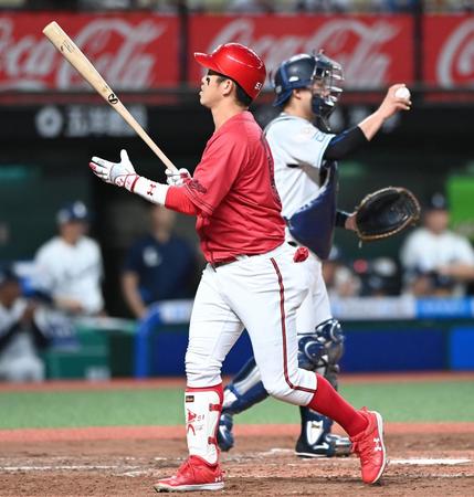 　４回、空振り三振に倒れた小園（撮影・園田高夫）